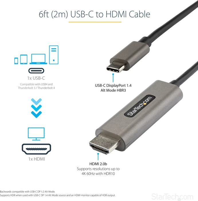 StarTech USB-C 3.1 [Stecker] auf HDMI [Stecker] 4K 60Hz mit HDR10 Adapterkabel, 2m