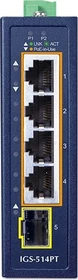 Planet IGS-514PT Industrial Railmount Gigabit Switch, 4x RJ-45, 1x SFP, 120W PoE+