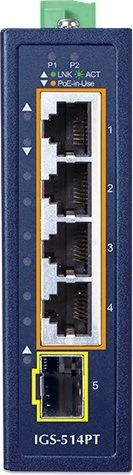 Planet IGS-514PT Industrial Railmount Gigabit Switch, 4x RJ-45, 1x SFP, 120W PoE+