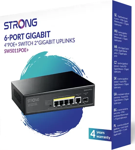 Strong Desktop Gigabit Switch, 5x RJ-45, 1x SFP, 100W PoE+