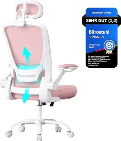 Songmics Bürostuhl mit Netzbezug und Kopfstütze, rosa