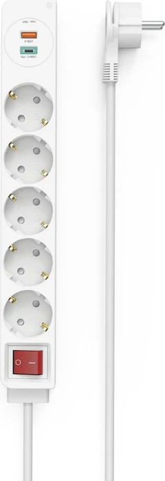 Hama Steckdosenleiste mit Schalter und Winkel-Flachstecker, 5-fach, 1x USB-A/1x USB-C 18W USB-PD, 1.4m, weiß