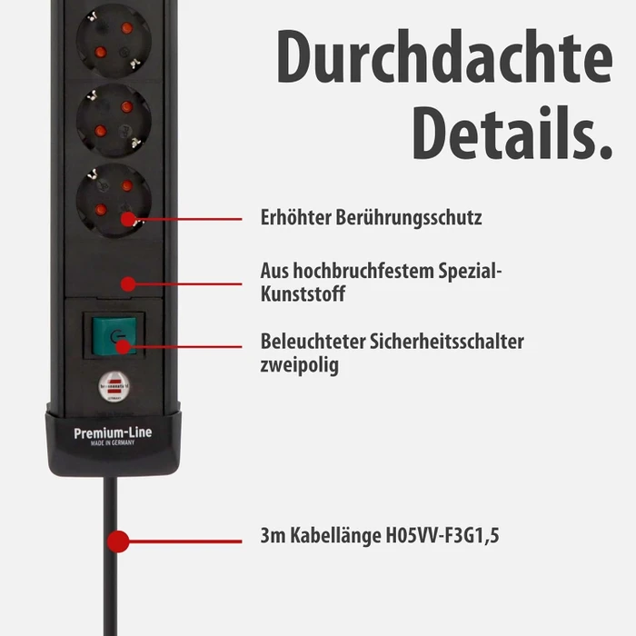 Brennenstuhl Premium-Line, 6-fach, 1x USB-A/2x USB-C USB-PD, 3m, schwarz