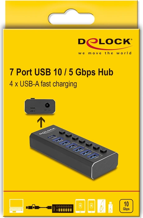 DeLOCK 7 Port USB Hub mit Schalter und Beleuchtung, USB-C 3.1 [Buchse]