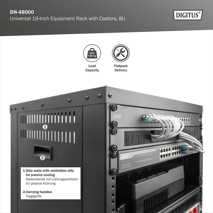 Digitus Audio Video Rack 19" AVS/Equipment Rack 8HE, mit Rollen, unmontiert, RAL 9005, 460mm tief