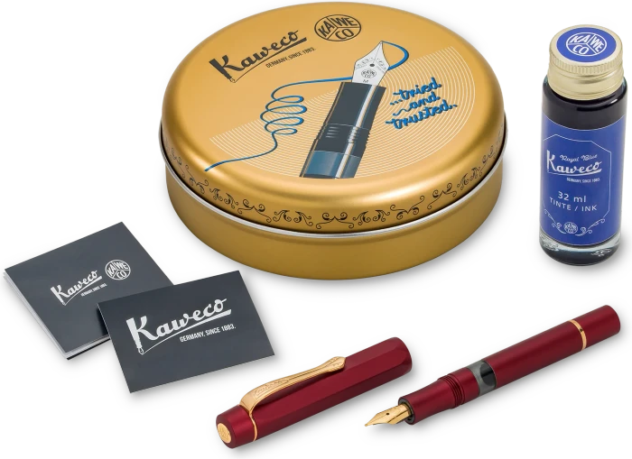Kaweco Piston Sport AL Starter Set mit Tinte bordeaux/gold, rechte Hand, breit