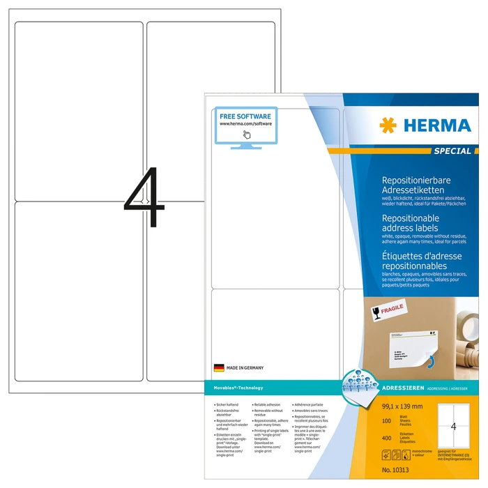 Herma Adressetiketten, 99.1x139mm, ablösbar, weiß, matt, 100 Blatt (400 Etiketten)