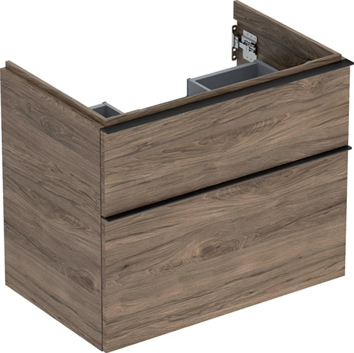 Geberit iCon Unterschrank für Handwaschbecken mit 2 Schubladen 74cm, Korpus und Front: Nussbaum hickory/Melamin Holzstruktur, Griff: lava/pulverbeschichtet matt