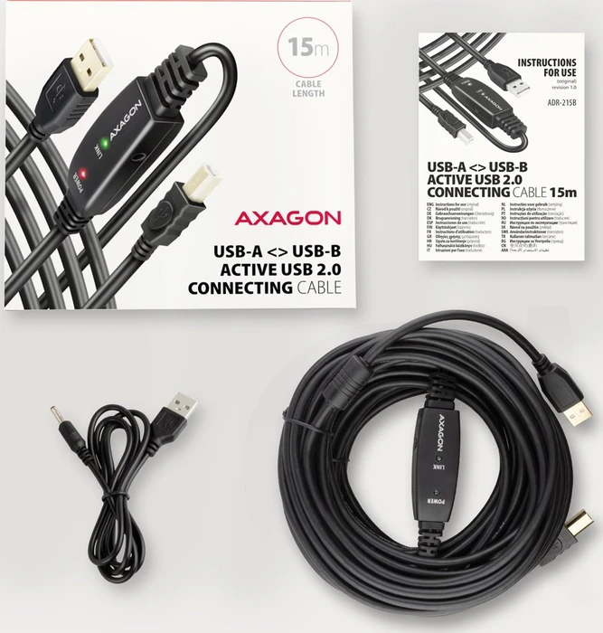 Axagon USB Adapterkabel, USB 2.0, 480Mb/s, USB-A 2.0 [Stecker] auf USB-B 2.0 [Stecker], aktiv, Adapterkabel, 15m