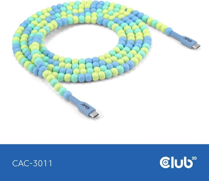 Club 3D USB-C Perlenkabel, 480Mb/s, 60W PD, USB-C 2.0 Stecker auf USB-C 2.0 Stecker, 2m, blau