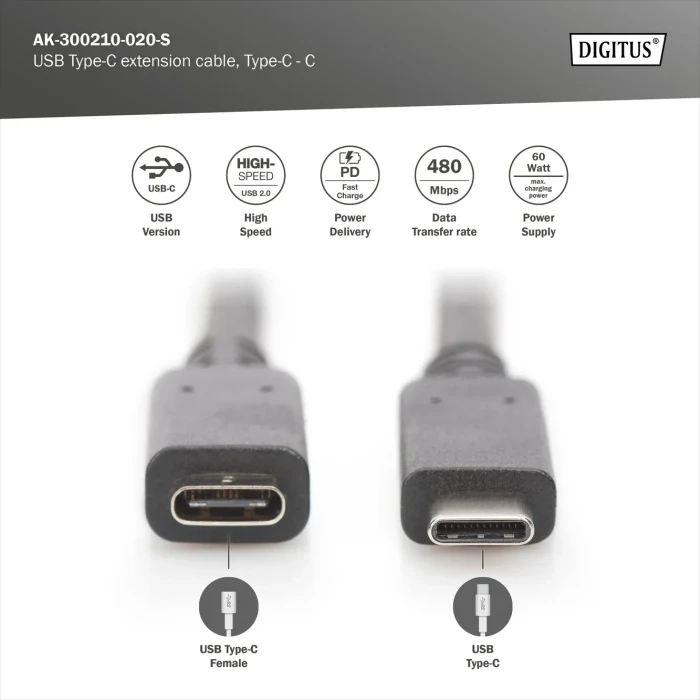 Digitus USB 2.0 Verlängerungskabel, USB-C [Stecker] auf USB-C [Buchse], 2m schwarz