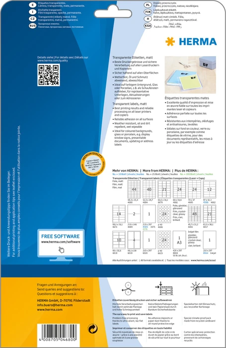 Herma Folienetiketten, 48.3x25.4mm, wetterfest, transparent, matt, 25 Blatt (1100 Etiketten)