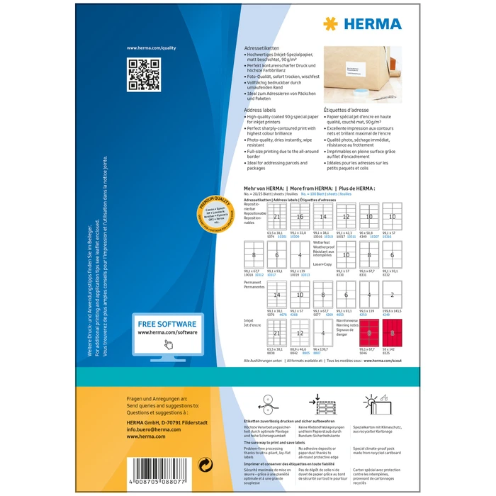 Herma Adressetiketten Inkjet, 96x139.7mm, weiß, matt, 100 Blatt (400 Etiketten)