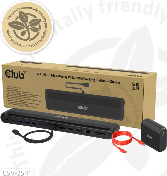 Club 3D 12-in-1 Triple-Display-Dockingstation mit Ladegerät, USB-C 3.1 [Stecker]