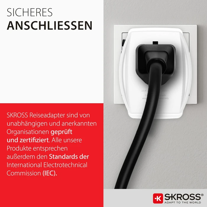 Skross World Travel Adapter MUV USB AC65PD, 1x USB-A, 1x USB-C, mit USB-C Kabel, weiß