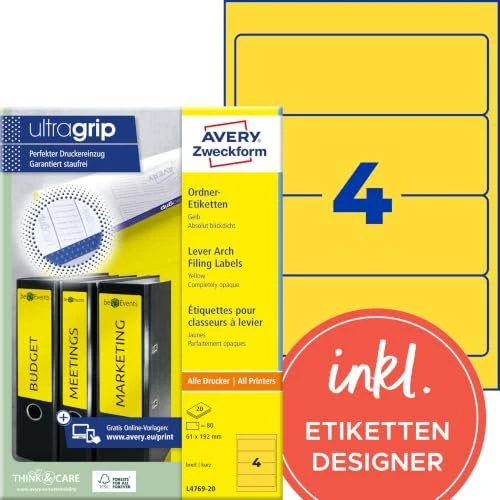 Avery-Zweckform Ordneretiketten, 192x61mm, gelb, 20 Blatt (80 Etiketten)