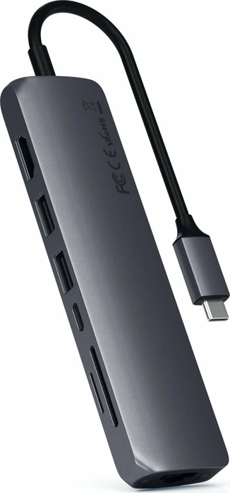 Satechi USB-C Slim Multi-Port with Ethernet Adapter, Space Gray, Dual-Slot-Cardreader, USB-C 3.0 [Stecker]