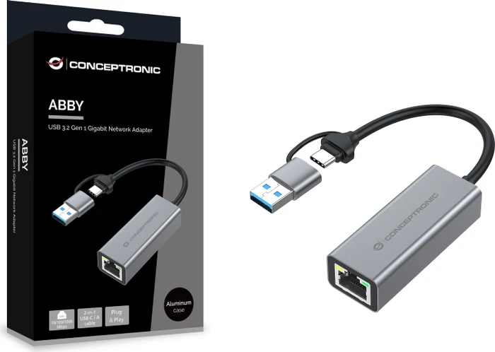 Conceptronic ABBY08G Gigabit LAN-Adapter, USB-C 3.0/USB-A 3.0 [Stecker]