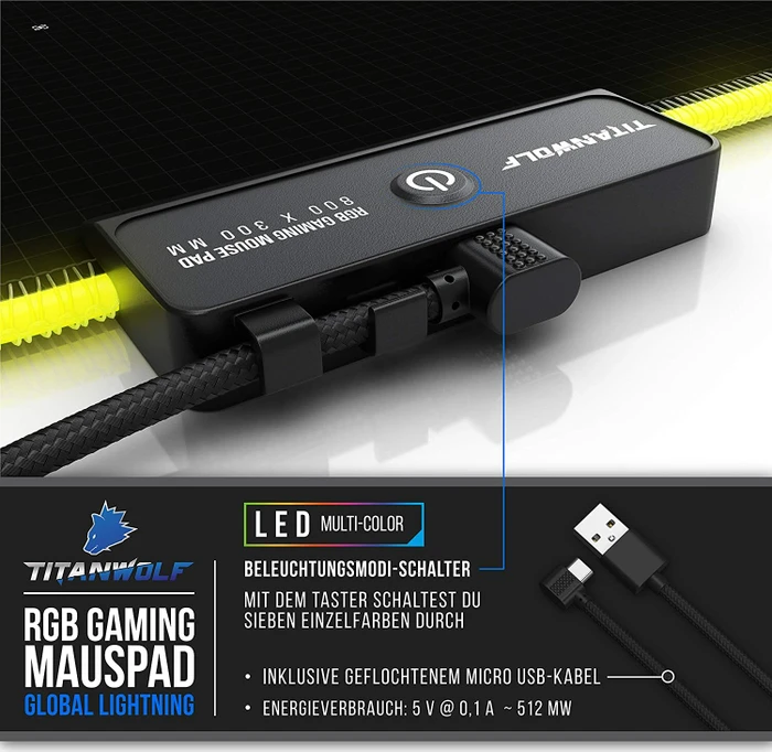Titanwolf Global Lightning RGB XXL Gaming-Mauspad, 800x300mm, schwarz/gelb