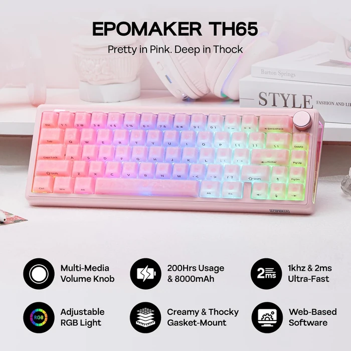 Epomaker TH65 Wireless, Pink, rosa, LEDs RGB, hot-swap, Epomaker Clear, USB/Bluetooth, US