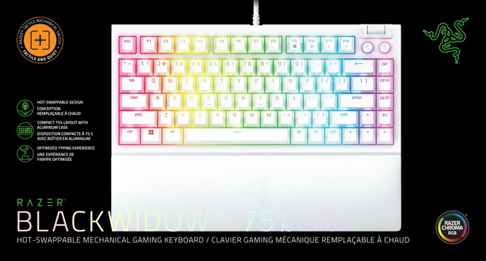 Razer BlackWidow V4 75%, White, hot-swap, Razer ORANGE Tactile Gen-3, USB, US