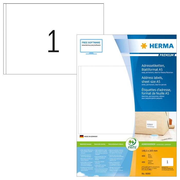 Herma Etiketten Premium, 148.5x205mm, weiß, matt, 400 Blatt (400 Etiketten)