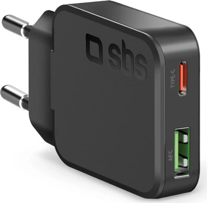SBS Mobile Slim 30W USB-C Power Delivery and USB-A Fast Charge Wall Charger schwarz