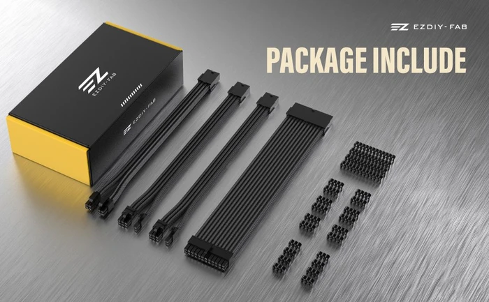 EZDIY-FAB Cable Extension Kit, 1x 24-Pin, 1x 4/8-Pin ATX, 2x 8-Pin PCIe, 18AWG, schwarz