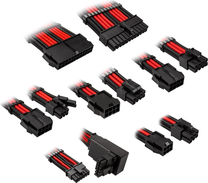 Kolink Core Pro Braided Cable Extension Kit 12V-2x6, Typ 2, Sense-Pins an der Unterseite, Jet Black/Racing Red