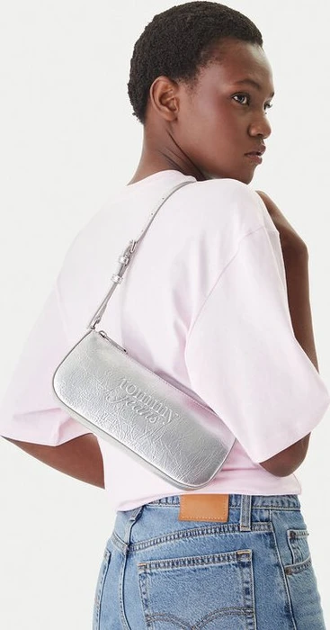 Tommy Hilfiger Metallic mit Struktur-Logo Schultertasche silber