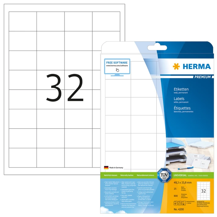 Herma Etiketten Premium, 48.3x33.8mm, weiß, matt, 25 Blatt (800 Etiketten)
