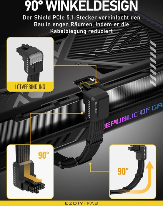 EZDIY-FAB 12V-2x6 Kabel, 16-Pin PCIe Verlängerungskabel, 1x 16-Pin PCIe 5.1 Buchse auf 16-Pin PCIe 5.1 Stecker, Variante Standard, Sense-Pins an der Unterseite, 16AWG, schwarz, 90° gewinkelt