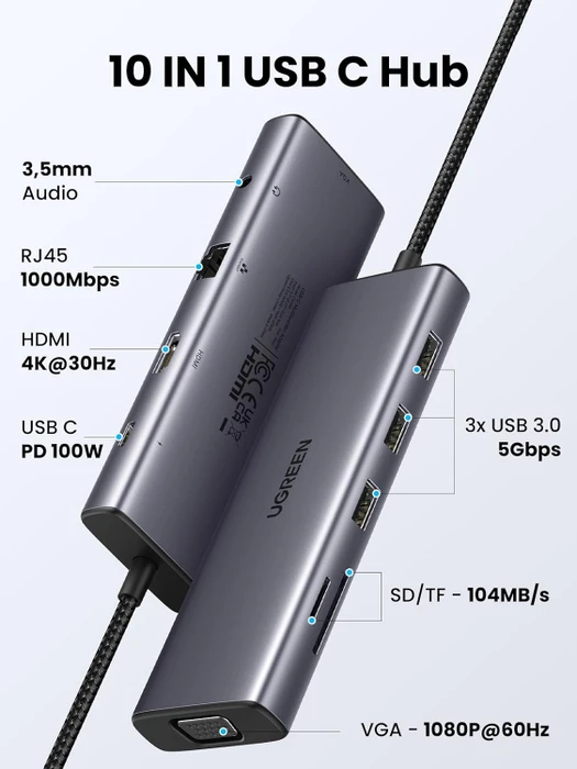 Ugreen 10-in-1 USB-C Hub, USB-C 3.0 [Stecker]