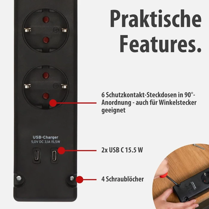 Brennenstuhl Bremounta mit Schalter, 5-fach, mit 2x USB-C, 3m, schwarz