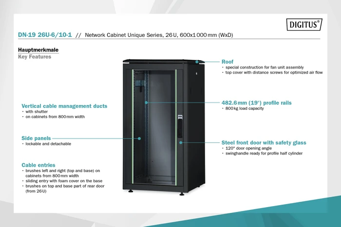 Digitus Professional Unique Serie Serverschrank 26HE, Sicherheitsglastür, IP2X, schwarz, 1000mm tief