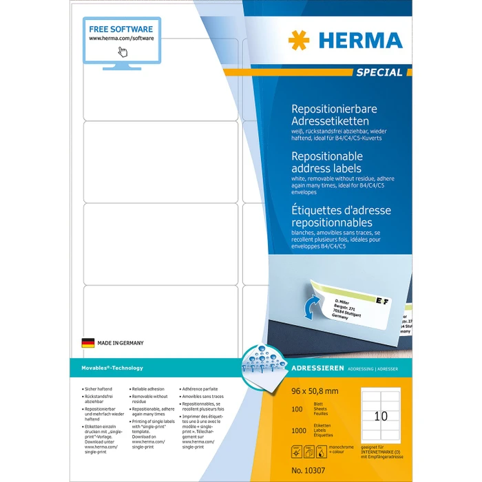 Herma Adressetiketten, 96x50.8mm, ablösbar, weiß, matt, 100 Blatt (1000 Etiketten)