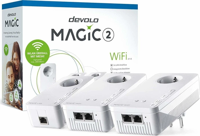 devolo Magic 2 WiFi Multiroom Kit, 2x Powerline/WLAN-Access Point und Powerline-Adapter Set, 3er-Bundle
