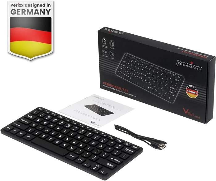 Perixx Periboard-732 Wireless Mini Keyboard, schwarz, LEDs weiß, USB, IT