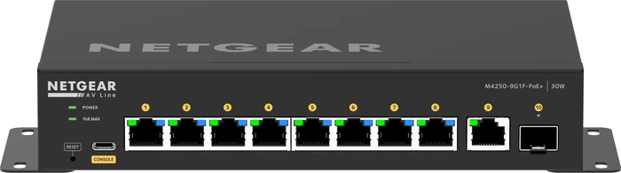 Netgear AV Line M4250 Desktop Gigabit Managed Switch, 9x RJ-45, 1x SFP, 110W PoE+