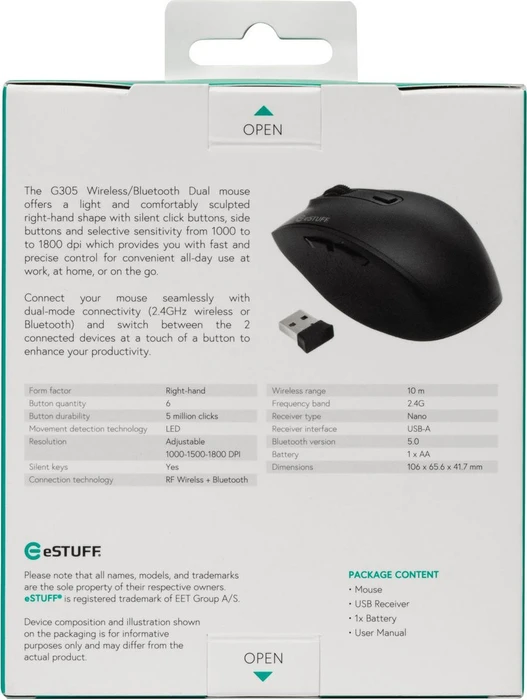 Gearlab eSTUFF G305 Wireless Mouse schwarz, USB/Bluetooth