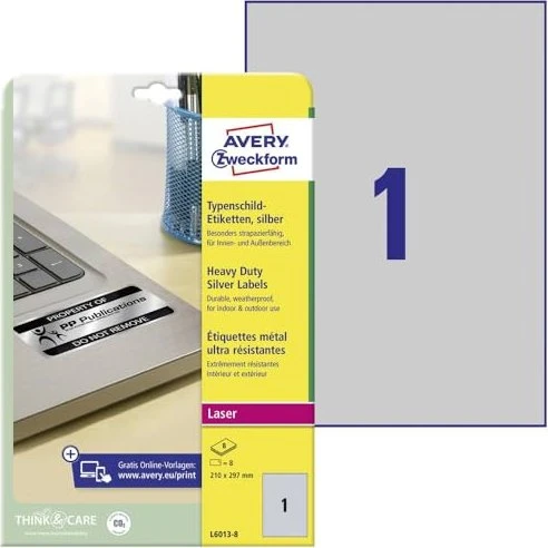 Avery-Zweckform Typenschildetiketten, A4, wetterfest, silber, matt, 8 Blatt (8 Etiketten)