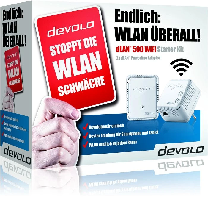 devolo dLAN 500 WiFi Network Kit, 2x Powerline/WLAN-Access Point und Powerline-Adapter Set, 3er-Bundle