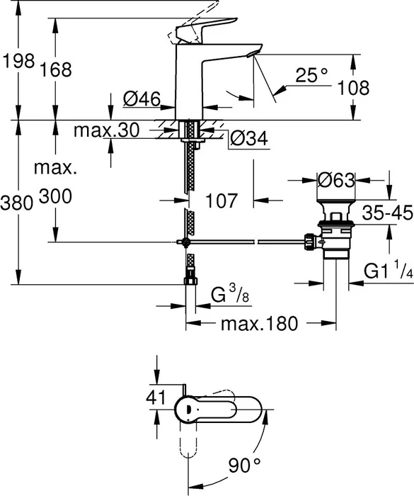 Grohe BauEdge Einhand-Waschbeckenarmatur 1/2" M-Size Longlife ES mit Ablauffernbedienung chrom