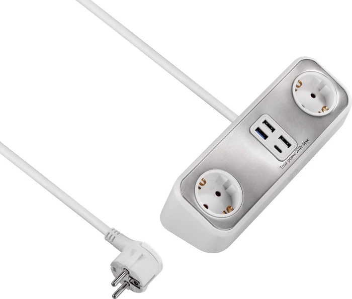 Sygonix Steckdosenleiste, 2-fach, 4x USB, 1.4m, weiß/silber