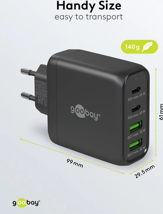 goobay 4-Port GaN Netzteil, USB-C/USB-A, 2x USB-C + 2x USB-A, 68W, schwarz