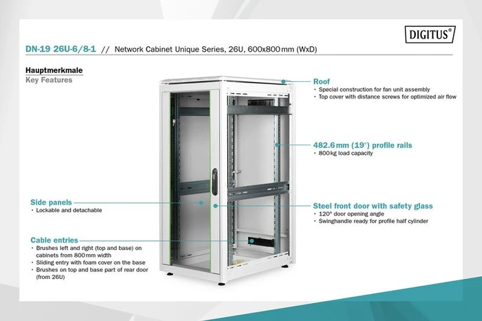 Digitus Professional Unique Serie Serverschrank 26HE, Sicherheitsglastür, IP2X, grau, 800mm tief