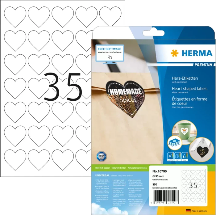 Herma Etiketten Premium Herz rund, 35mm, weiß, matt, 10 Blatt (350 Etiketten)