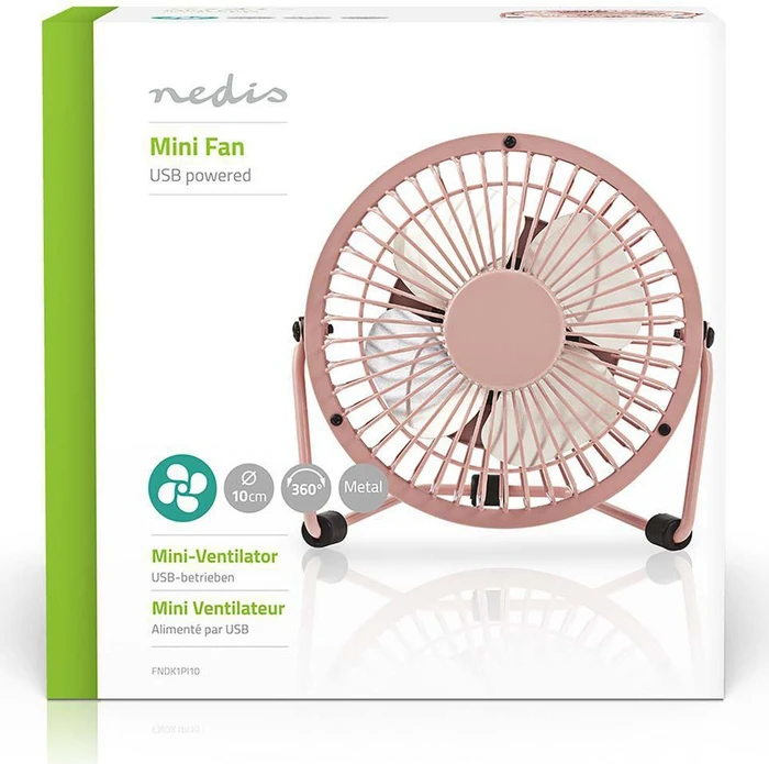 Nedis FNDK1PI10 USB Mini Tischventilator aus Metall 10cm rosa