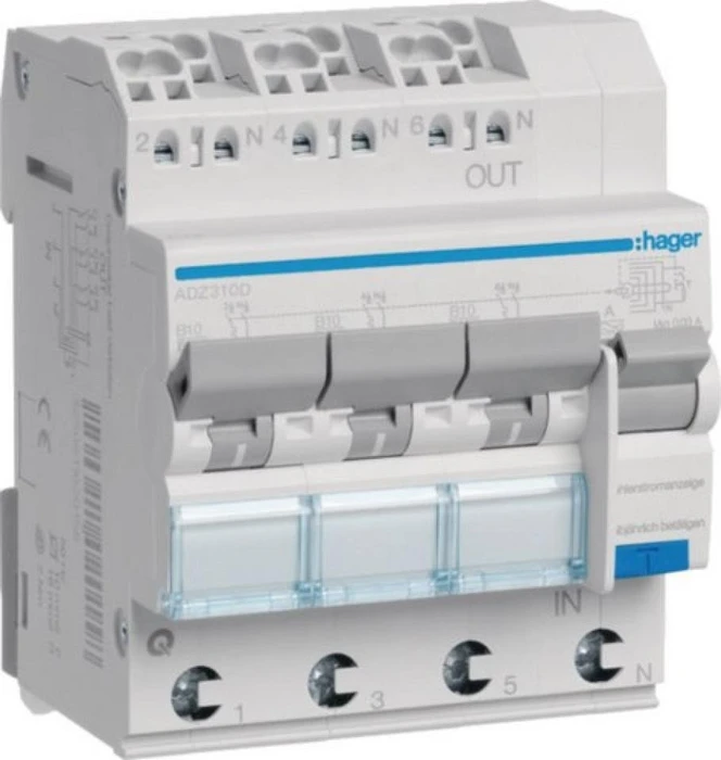 Hager Fehlerstrom-Leitungsschutzschalter 3X 1P+N 6kA B-10A 30mA Typ A QuickConnect