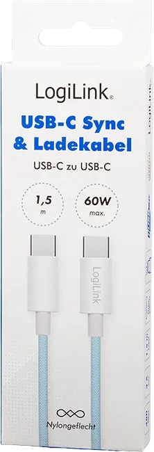 LogiLink USB-C Kabel, USB 2.0, 480Mb/s, 60W PD, USB-C Stecker auf USB-C Stecker, Nylon, blau, 1.5m